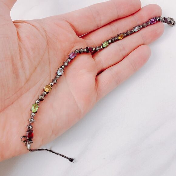 VTG Sterling 925 Marcasite Rainbow Gemstone Bracelet w/ Safety Chain, Y2K EUC - Picture 3 of 10